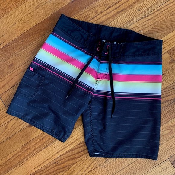 burnside Other - Burnside Black & Pink Striped Swim Board Shorts